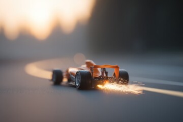 Sleek racing car navigates winding road, sparks flying in sunset