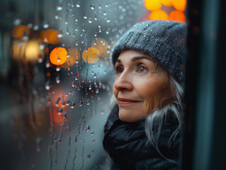Bad weather, a woman looks sadly outside through a rainy window pane
