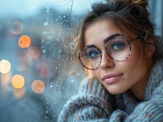 Bad weather, a woman looks sadly outside through a rainy window pane
