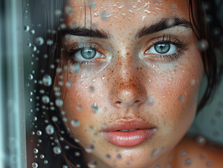 Bad weather, a woman looks sadly outside through a rainy window pane
