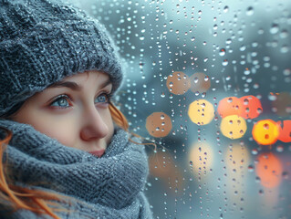 Bad weather, a woman looks sadly outside through a rainy window pane