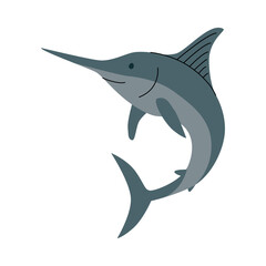 Flat illustration of a smiling blue swordfish with a long pointed snout and large dorsal fin. Fun and simple marine design, ideal for kids content, sea life themes, and educational graphics. Vector