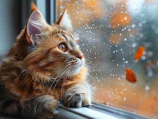 Bad weather, dog and cat looking sadly outside through a rainy window pane