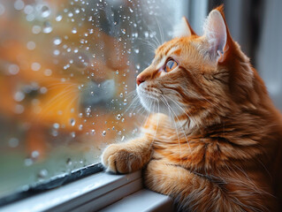 Bad weather, dog and cat looking sadly outside through a rainy window pane
