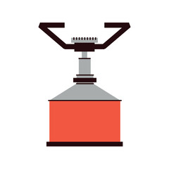 Flat illustration of a portable gas camping stove with a red fuel canister. Represents essential outdoor cooking equipment for hiking, backpacking, and wilderness adventures. Vector illustration