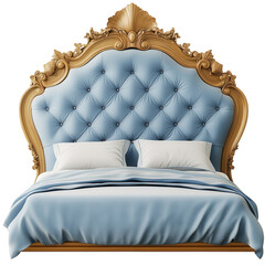 A Luxurious blue tufted bed with a gold baroque frame invites dreams of on transparent background