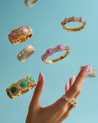 a gold and pink, green malachite bangle bracelet with diamonds, floating in the air