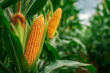 A close-up photo of ripe corn cobs still attached to tall green stalks in a lush cornfield, taken with an f/11 aperture for deep focus. Bright natural daylight, showing rich yellow corn .