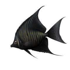 An elegant dark angel fish with glowing golden stripes swimming gracefully on transparent background