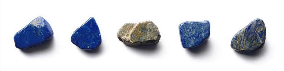 Five irregularly shaped lapis lazuli stones, predominantly blue with hints of gold, are arranged in a row against a stark white background