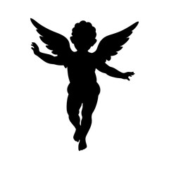 Fototapeta premium Silhouette of a cherubic figure with wings against white backdrop