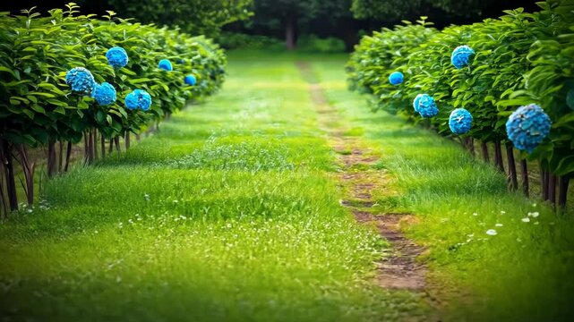 Serene path flanked by vibrant blue hydrangeas in a lush green garden
