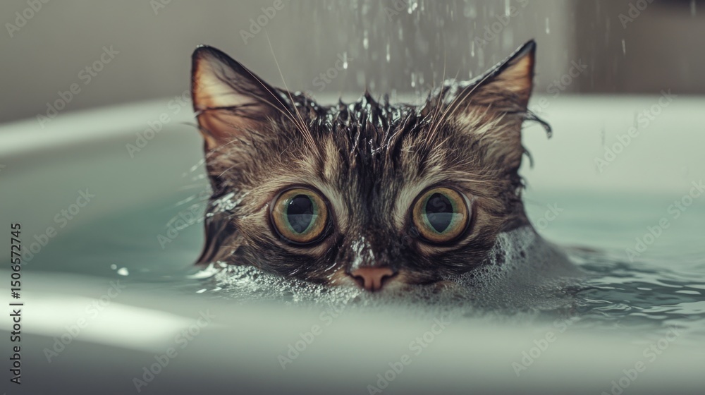 Poster A dynamic shot of a cat's first bath experience, with a mix of curiosity and apprehension as it explores the bath environment, capturing the learning process.