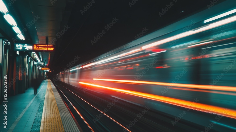 Leinwandbilder a dynamic shot of a high-speed train entering a station, with motion blur capturing its speed and th