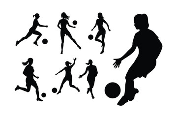 soccer player silhouette illustration, female football player silhouettes, woman soccer player black silhouette.