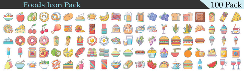 One hundred assorted food icons in a vibrant and colorful design style