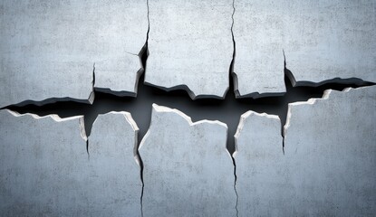 A digitally rendered image shows a large, jagged crack traversing a light-grey concrete surface, creating irregular fractured segments
