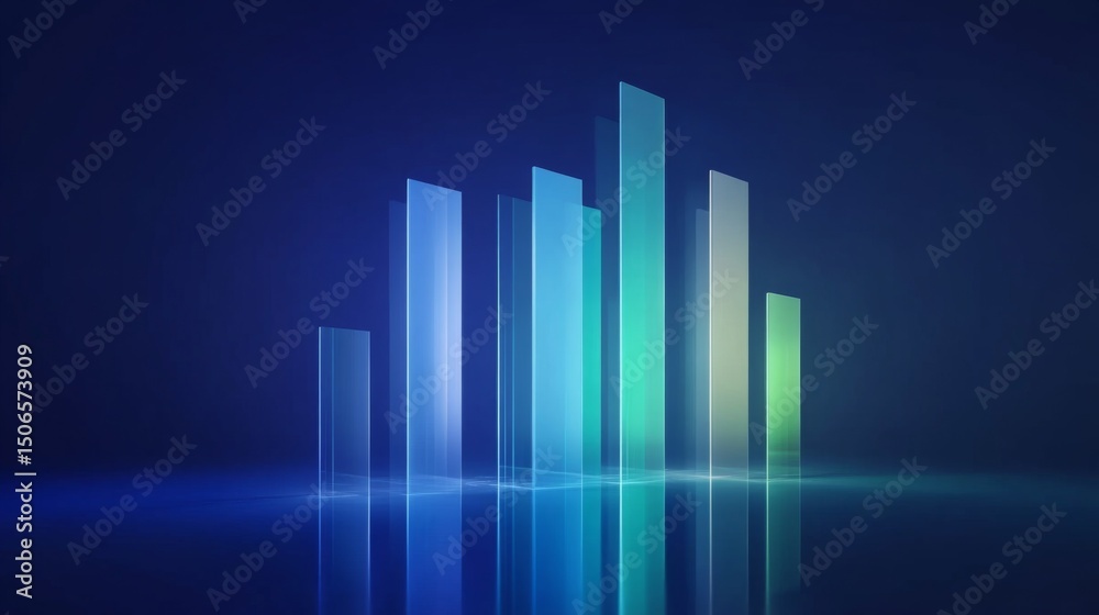 Aufkleber a futuristic bar graph with transparent bars glowing in shades of blue and green, hovering above a r