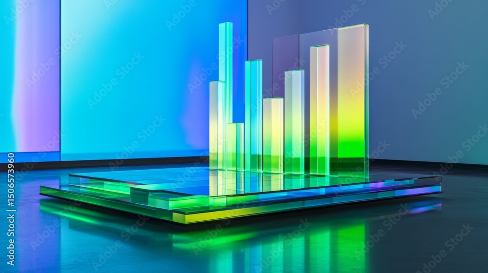 Aufkleber a futuristic bar graph with transparent bars glowing in shades of blue and green, hovering above a r