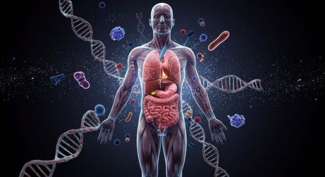 3d human body anatomy illustration with internal organs and microorganisms