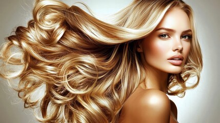 Fototapeta premium Elegant beauty with long, shiny hair highlights.