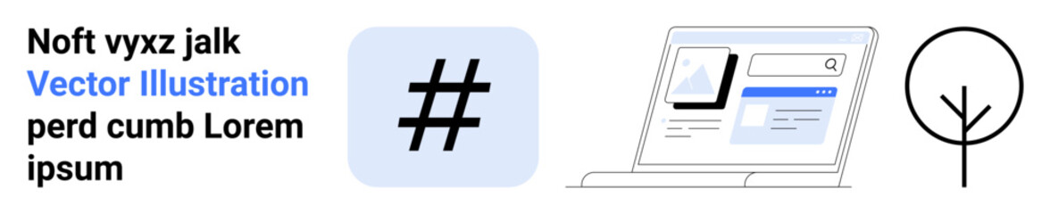 Obraz premium Bold metadata tag icon, website interface with navigation and content sections, and simple tree outline. Ideal for technology, social media, web design, digital identity, minimalism, branding simple