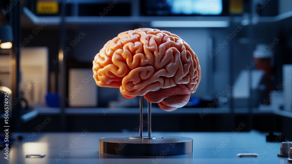 Aufkleber A high-quality shot of a D printed brain model with realistic texture and detail, positioned on a stand and illuminated for a clear view of its structure.