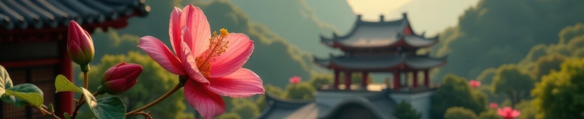 Fototapeta premium Drooping flower, faded petals, oriental roofline , contrast, chinese