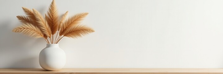 Dried pampas grass in minimalist matte vase on wooden shelf , plant, shelf decor