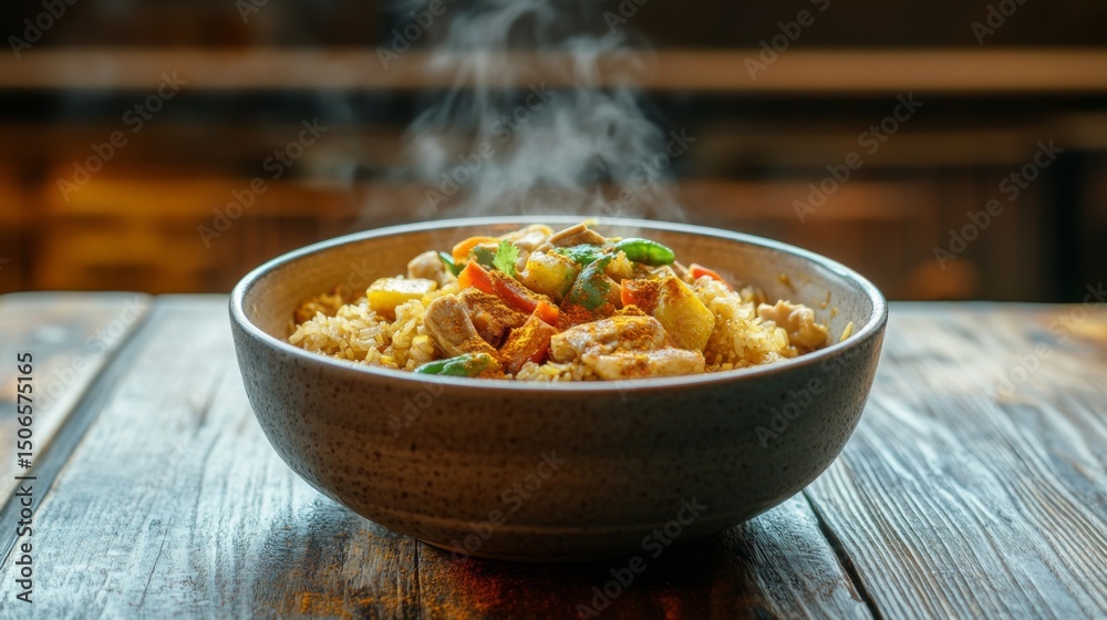 Poster a high-resolution image of a bowl of curry fried rice with visible chunks of chicken, vegetables, an