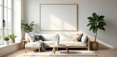 Empty frame, minimalist living room, serene space, beige, bright
