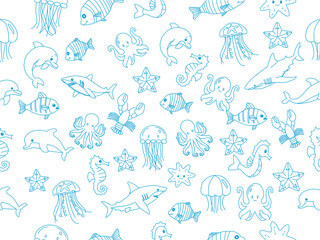 seamless pattern with sea animals. Cute hand drawn sea animals doodle set. Ocean and sea animal set. Collection of aquatic creature. Set with hand drawn sea life elements.	

