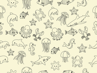 seamless pattern with sea animals. Cute hand drawn sea animals doodle set. Ocean and sea animal set. Collection of aquatic creature. Set with hand drawn sea life elements.	
