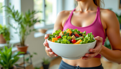Fresh salad bowl with colorful vegetables and greens, held by fit person in bright room