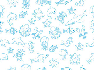 seamless pattern with sea animals. Cute hand drawn sea animals doodle set. Ocean and sea animal set. Collection of aquatic creature. Set with hand drawn sea life elements.	
