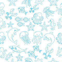 Fototapeta premium seamless pattern with sea animals. Cute hand drawn sea animals doodle set. Ocean and sea animal set. Collection of aquatic creature. Set with hand drawn sea life elements. 