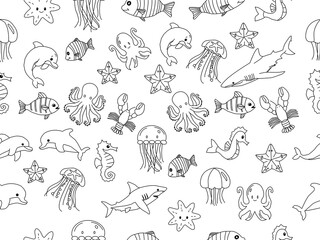seamless pattern with sea animals. Cute hand drawn sea animals doodle set. Ocean and sea animal set. Collection of aquatic creature. Set with hand drawn sea life elements.	
