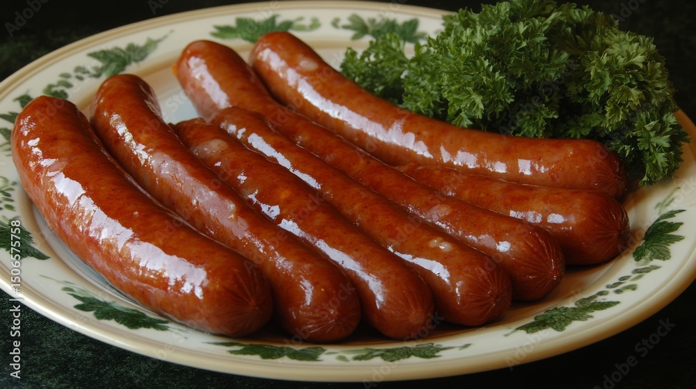 Poster a high-resolution image of a plate of cooked sausages with a focus on their juicy, plump texture and