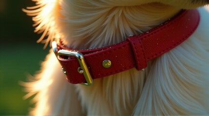 Close-up of golden dog fur with red collar in sunlight.