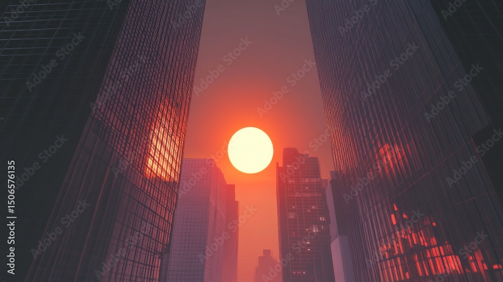 Poster a high-resolution photo capturing the sun dipping below the horizon between two modern skyscrapers, 