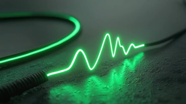 Glowing green cable with a wave pattern on a dark surface.