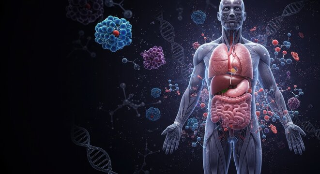 Anatomical illustration of the human body with viruses and dna