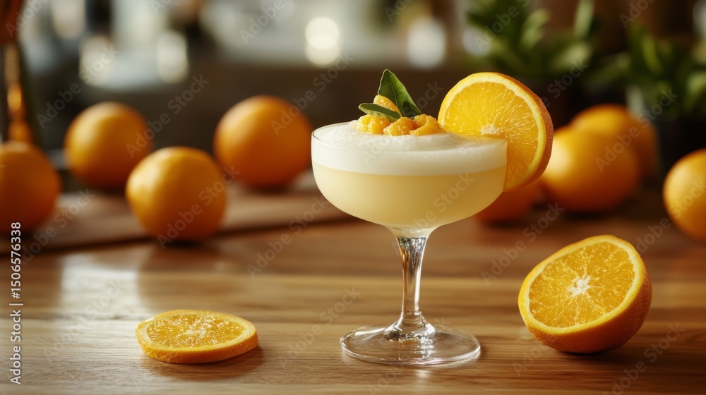 Poster a high-resolution photo of whole oranges and a glass of on a wooden table, with fresh oranges sliced
