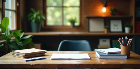 Rustic wooden table with office supplies & copy space, table, office supplies