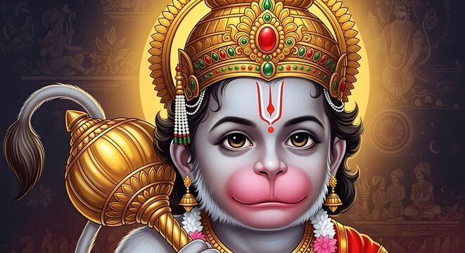 Hanuman Illustration Indian Deity with Golden Mace and Crown, Hindu Religious Art