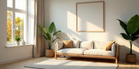 Fototapeta premium Sunlit guest room, comfy seating, mockup poster , design, armchairs