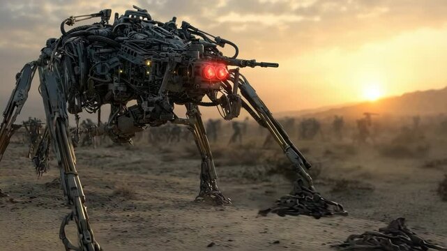 A menacing four-legged robot with glowing red eyes moves across a barren desert landscape at sunset, with more machines in the background.