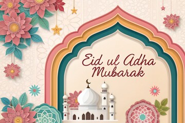 Fototapeta premium Festive Eid ul Adha Mubarak greeting with ornate archway floral designs and mosque illustration