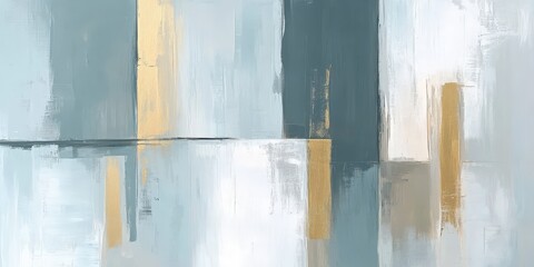 Abstract painting in muted blues, grays, and golds; featuring broad vertical and horizontal brushstrokes creating rectangular shapes