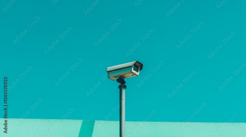 Poster a minimalist shot of a single cctv camera mounted on a pole, capturing the details of the camera and